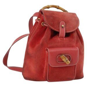 GUCCI Bamboo Backpack Suede Red Gold Auth